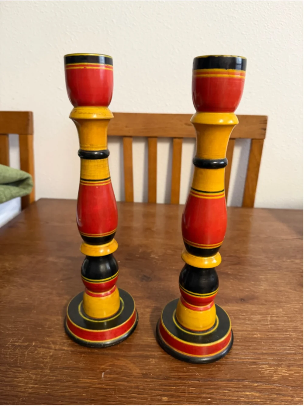 Vintage Pair Hand Painted Wooden Candlesticks Folk Art Red Yellow Black Turned W